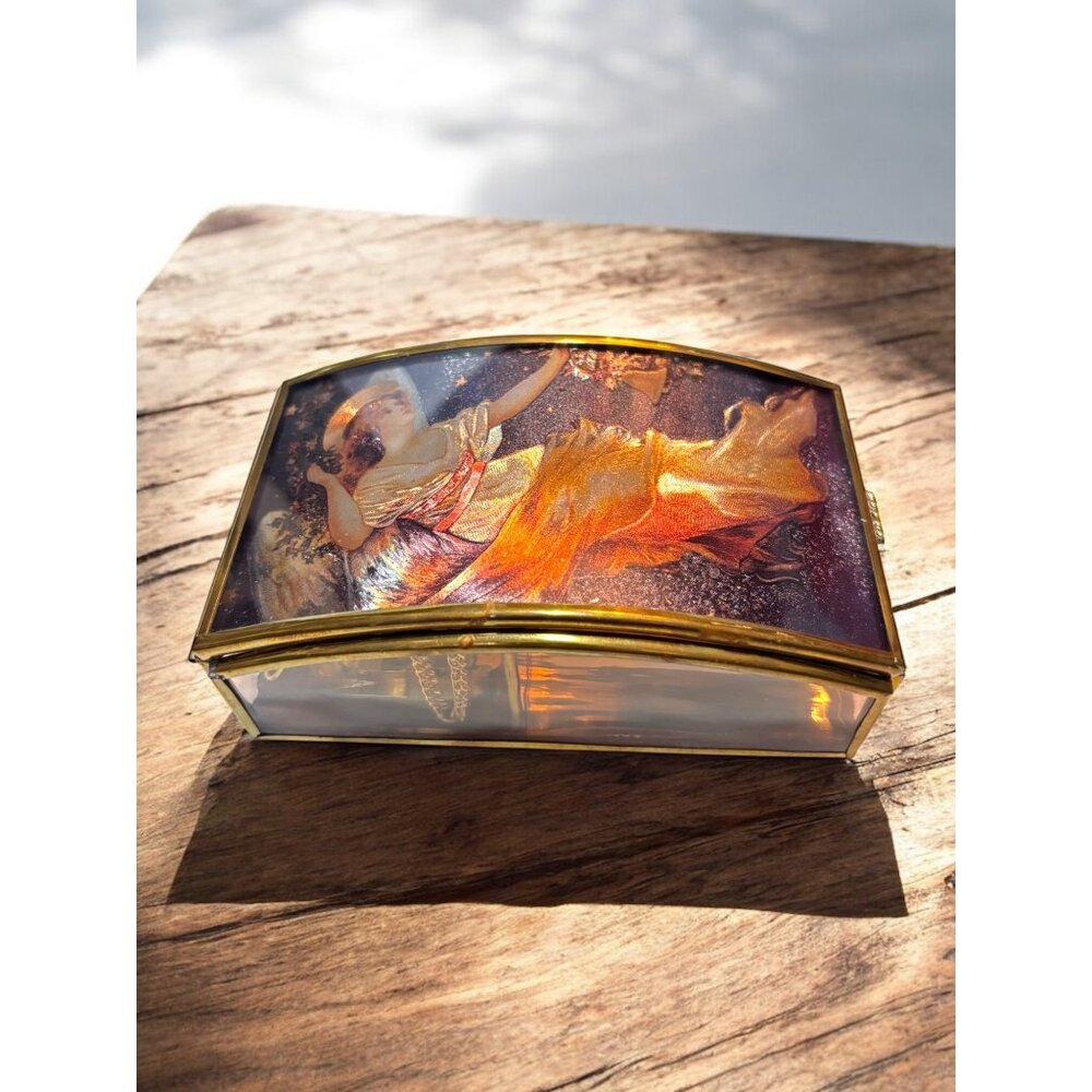 Vintage Enesco Glass Music Box With Angel & Brass Details Plays "Angels Weve Hea
